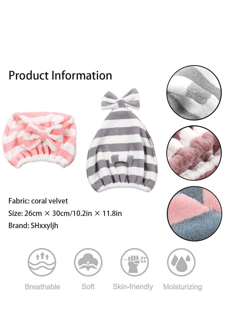 Microfiber Hair Towel Cap 2 Pack Rapid Drying For for Wet Hair, Care Accessory, Ultra Soft Super Absorbent Turban Gray and Pink Bow Wrap