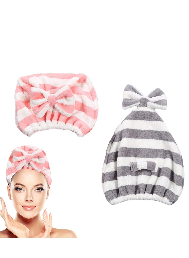 Microfiber Hair Towel Cap 2 Pack Rapid Drying For for Wet Hair, Care Accessory, Ultra Soft Super Absorbent Turban Gray and Pink Bow Wrap