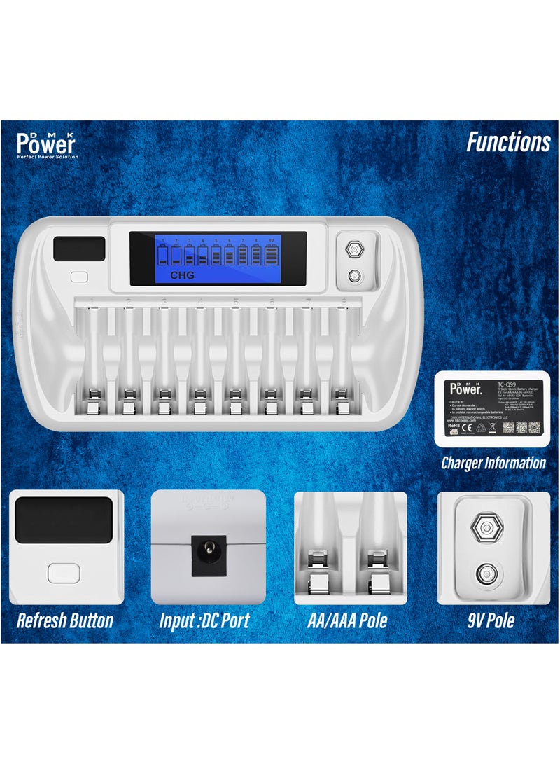 DMK Power 9 Slot Battery Charger - Fast Charging for AA AAA Ni-MH Ni-CD 9V Li-ion Batteries (Model: TC-Q99)