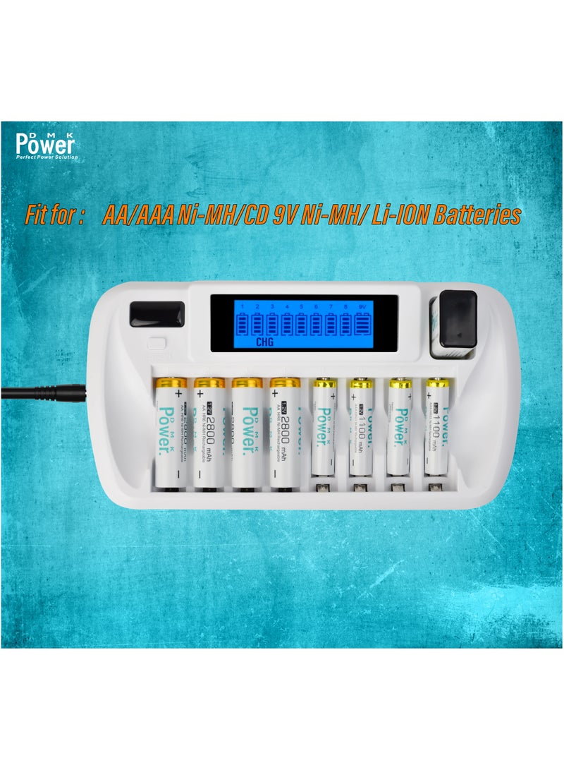 DMK Power 9 Slot Battery Charger - Fast Charging for AA AAA Ni-MH Ni-CD 9V Li-ion Batteries (Model: TC-Q99)