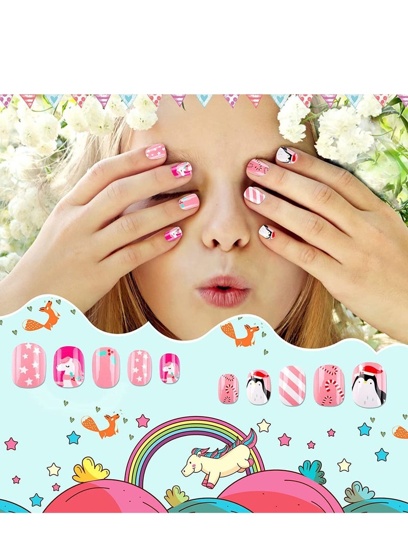 Kids False Nails, Children Press on Fake Tip Cartoon Full Cover Short Fingernail Artificial Tips Pre-glued Stickers for Girls Art Decoration (192 Pcs)