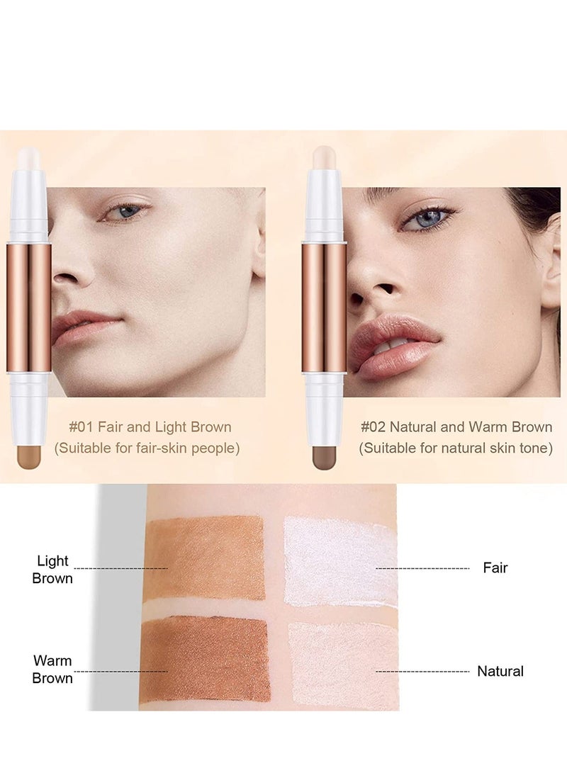 Highlight Contour Stick, Dual-End Makeup Shading 4 Colors Face Concealer Pen, Long Lasting & Waterproof Sticks Kit, Brighten Facial Shade for Body 2PCS