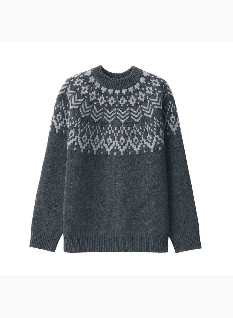 Merino Wool Jacquad Pattern Crew Neck Sweater