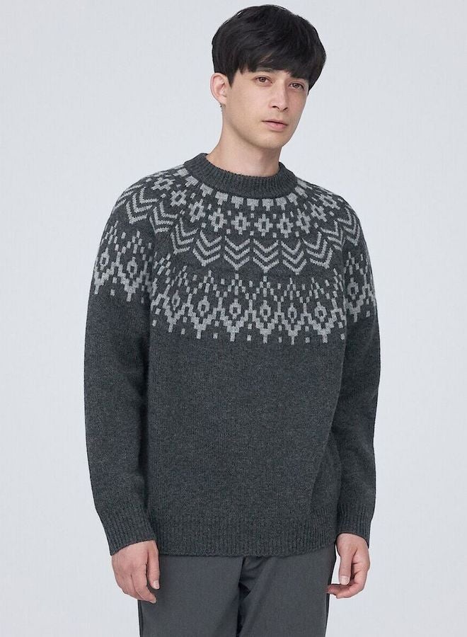 Merino Wool Jacquad Pattern Crew Neck Sweater