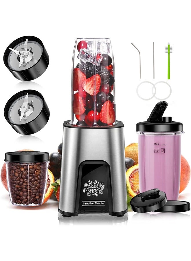 3-in-1 Personal Compact Sports Blender for Shakes and Smoothies, Personal Size Blenders for Kitchen with 6 Fins Blender Blade, 2 * 22 oz/650 ML To-Go Cups and 1*10oz/300ml Grind Cup 450W