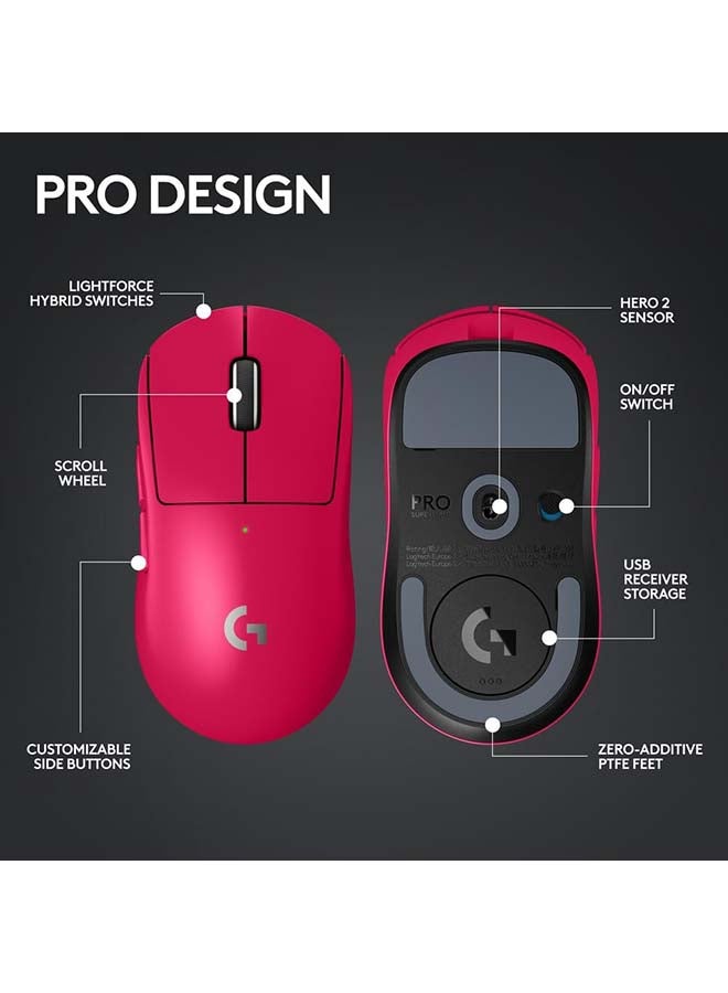 Logitech G PRO X SUPERLIGHT 2 LIGHTSPEED Wireless Gaming Mouse, Lightweight, LIGHTFORCE Hybrid Switches, HERO 2 Sensor, 32,000 DPI, 5 Programmable Buttons, USB-C Charging, PC & Mac - Magenta
