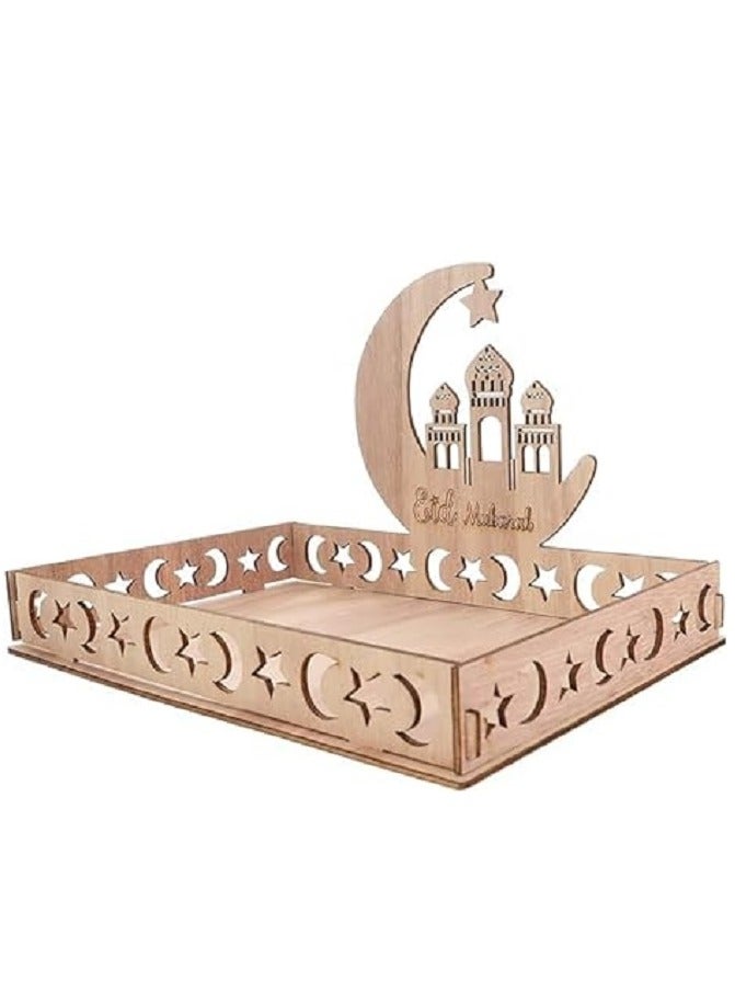 GGEROU Wooden Eid Mubarak Boxwood Dessert Tray Ramadan Kareem Moon Star Shape Tray Holding Plate