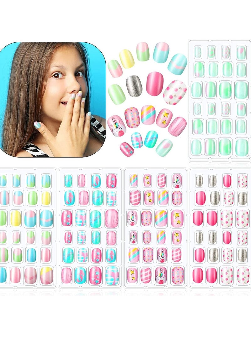 Kids Press on Nails Children, 120 Pieces Fake Artificial Tips Girls Full Cover Short False Fingernails for Decoration (Lovely Pattern)