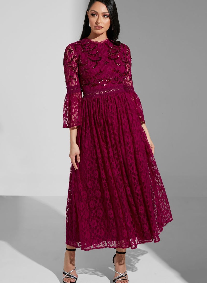 Embroidered Pleated Dress