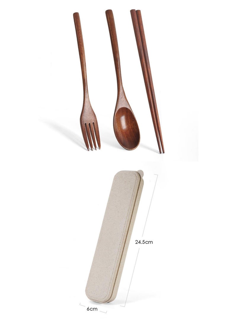 4-Piece Long Handled Solid Wood Adult Portable Tableware Set