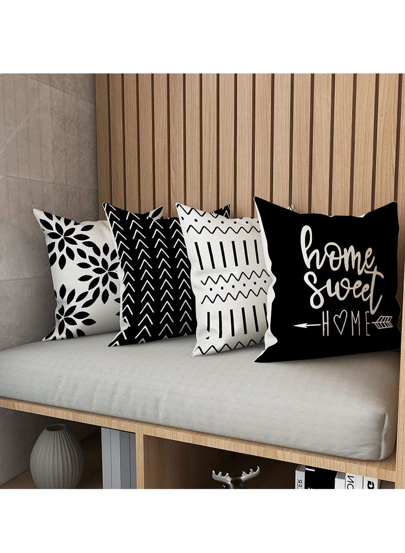 Pillow Covers Modern Sofa Throw Cover, Decorative Outdoor Linen Fabric Case for Couch Bed Car 45x45cm (Black, 18x18, Set of 4)