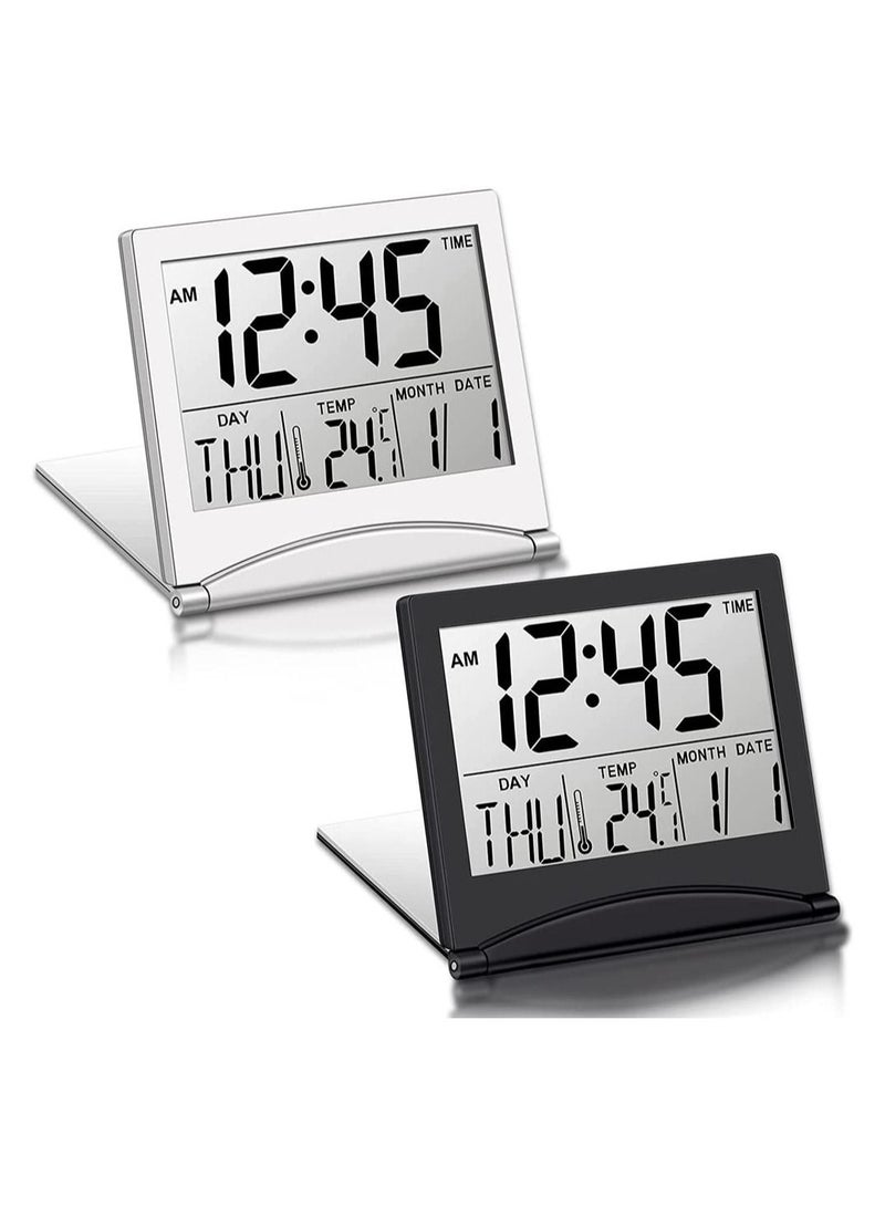 Digital Travel Alarm Clock, 2 Pieces Foldable Calendar and Temperature Timer LCD Clock with Snooze Mode, Large Number Display, Multifunction Small Portable Desk (Black, Silver)
