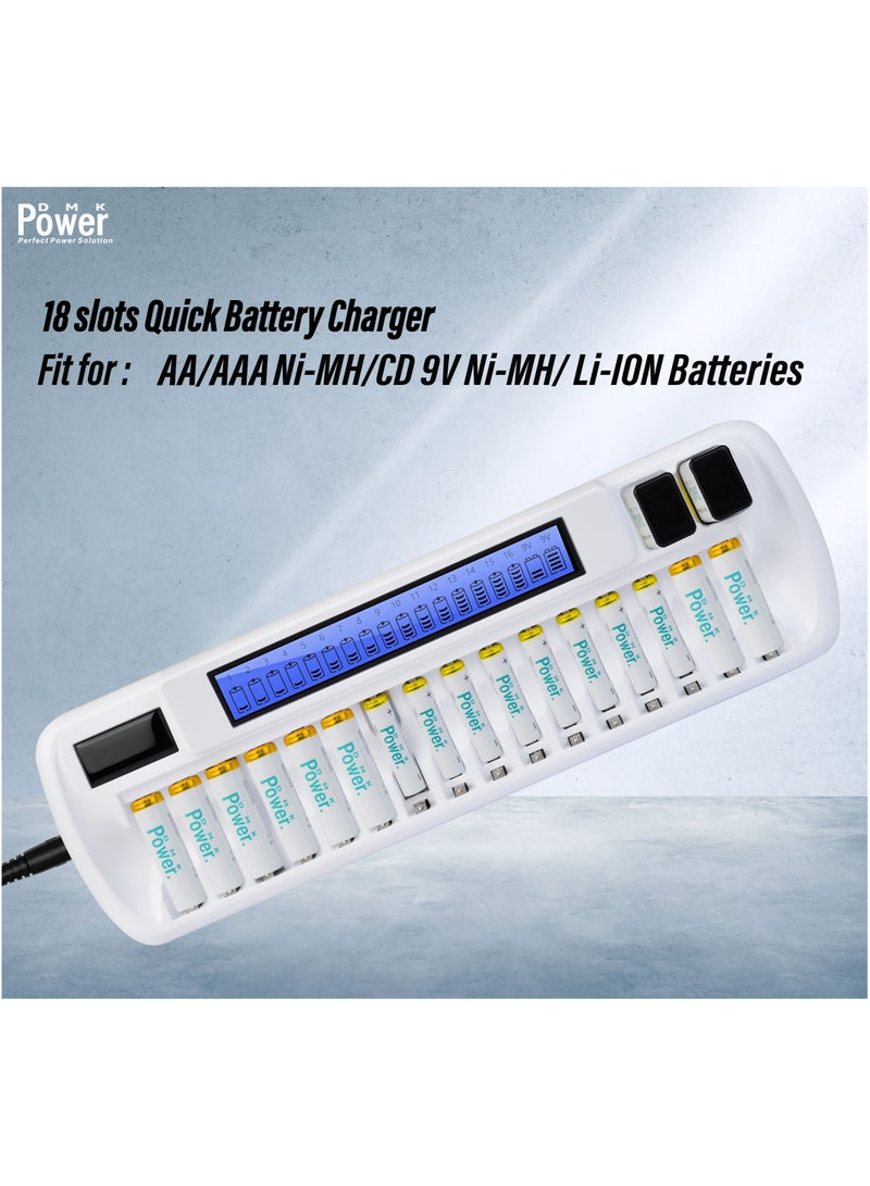 DMK Power TC-Q189 16 + 2 Slot Battery Charger for AA AAA Ni-MH Ni-CD 9V Li-ion Batteries - DC 12.5V Input, Fast Charging, Intelligent Protection.