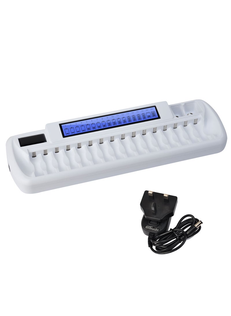 DMK Power TC-Q189 16 + 2 Slot Battery Charger for AA AAA Ni-MH Ni-CD 9V Li-ion Batteries - DC 12.5V Input, Fast Charging, Intelligent Protection.