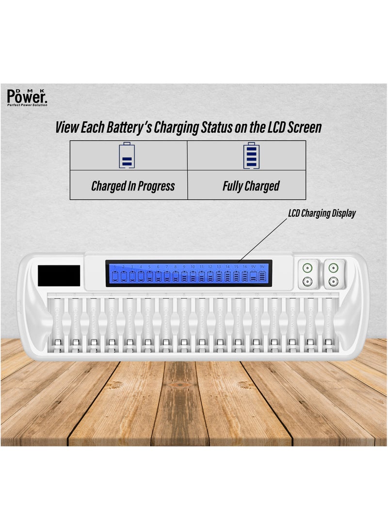 DMK Power TC-Q189 16 + 2 Slot Battery Charger for AA AAA Ni-MH Ni-CD 9V Li-ion Batteries - DC 12.5V Input, Fast Charging, Intelligent Protection.