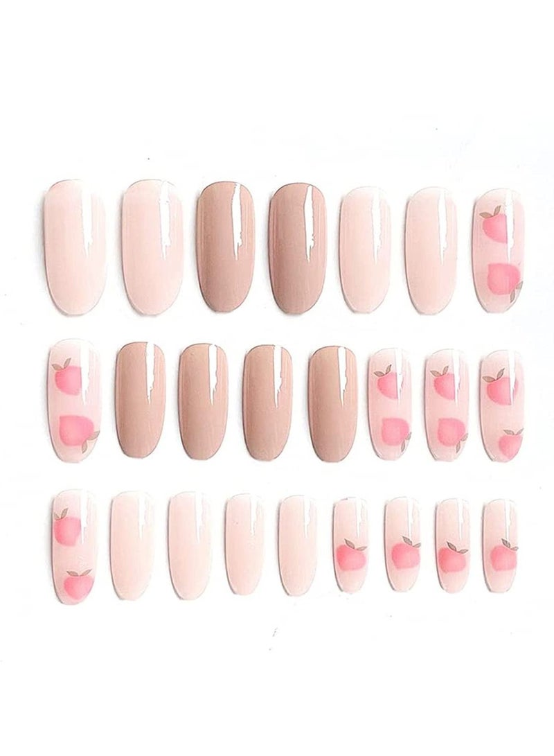Glossy Nude Press on Nails Long Oval False Medium Length Pink Peach Pattern Fake Acrylic Full Cover Artificial Nail Tips for Women&Girls Manicure 24PCS