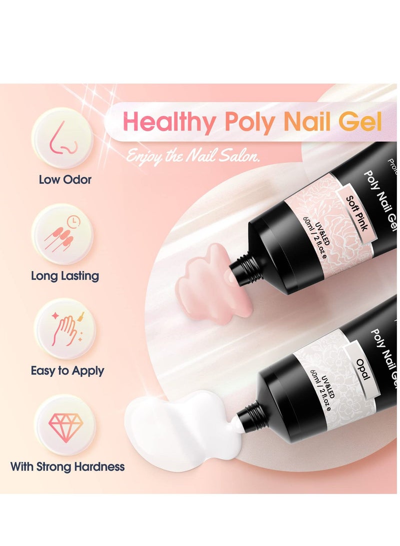 Opal Extension Gel, 2 PCS 60ml Poly Nail Gel kit, Soft Pink Builder for Thin Nails and Growth Overlay Art Women Home DIY Manicure Need UV Lamp