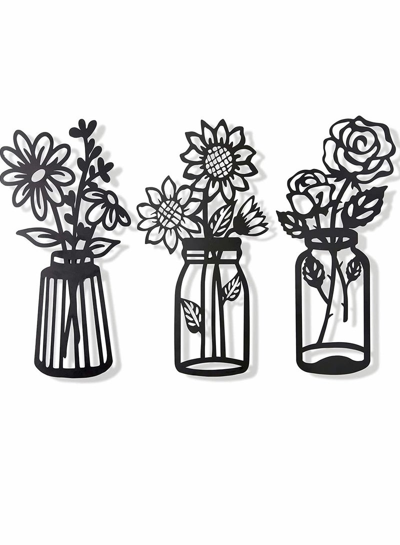 Metal Flowers, Wall Decor, Minimalism, Art Art, Black Flower Iron Sculpture, for Patio Balcony Bathroom Decor Set of 3