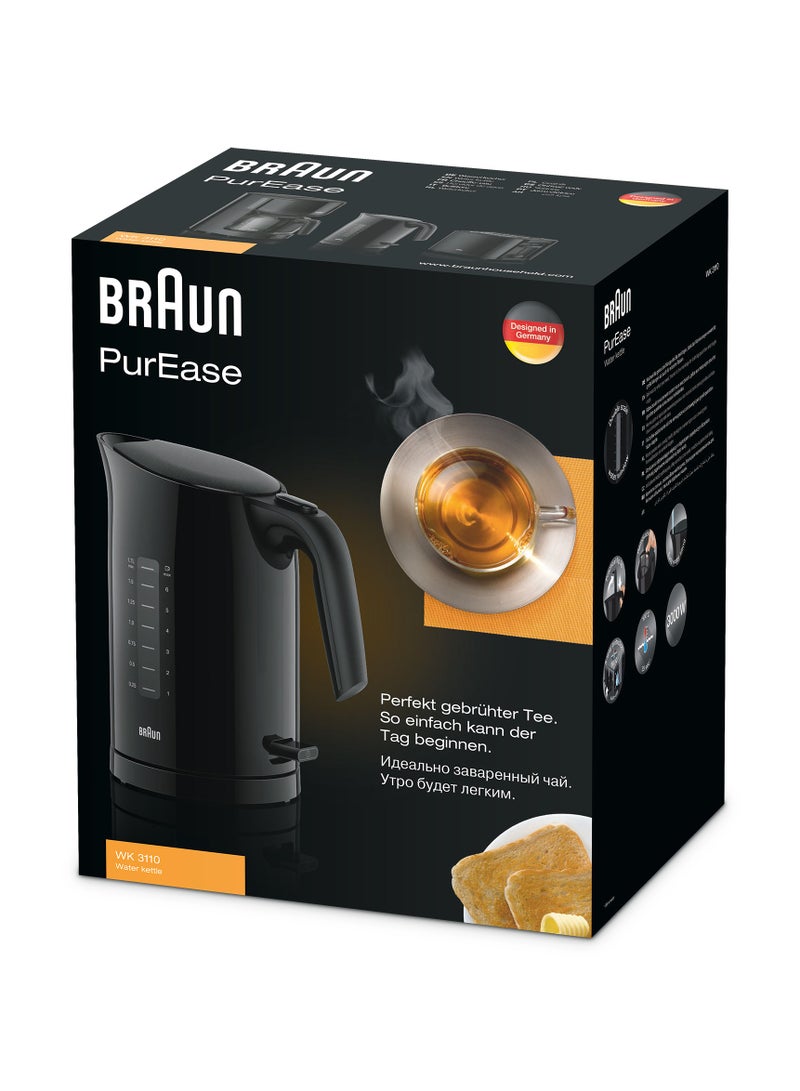 PurEase Water Kettle, auto shut-off, Fast boiling, 3-way protection 1.7 L 3000 W WK 3110 BK Black