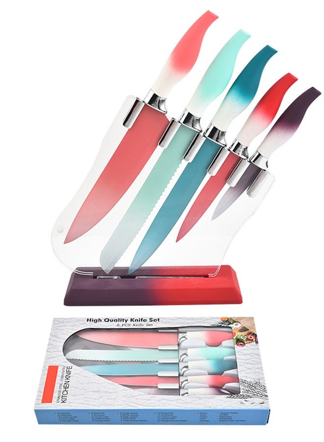 Premium Six-Piece Stainless Steel Colored Knife Set with Gradient Seahorse and Ergonomic Rubber/Plastic Handles, Complete with Stylish Knife Base - Enhance Your Culinary Experience