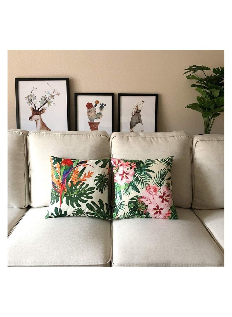 Throw Pillow Covers Tropical Cushion Leaves & Flowers with Parrot Flamingo Bird Pattern Home Decorative for Outdoor Patio Garden Living Room Sofa 18”×18” Pillowcase 4 Pcs