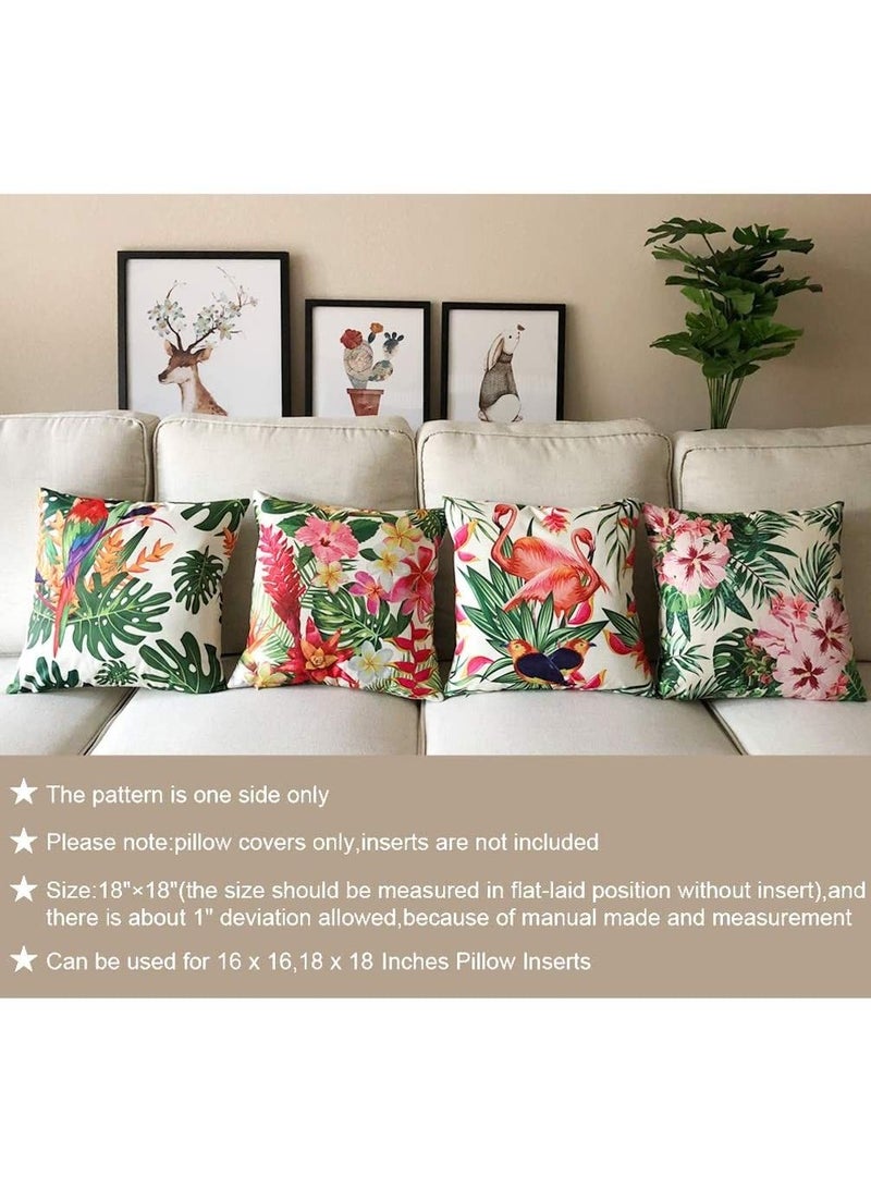 Throw Pillow Covers Tropical Cushion Leaves & Flowers with Parrot Flamingo Bird Pattern Home Decorative for Outdoor Patio Garden Living Room Sofa 18”×18” Pillowcase 4 Pcs