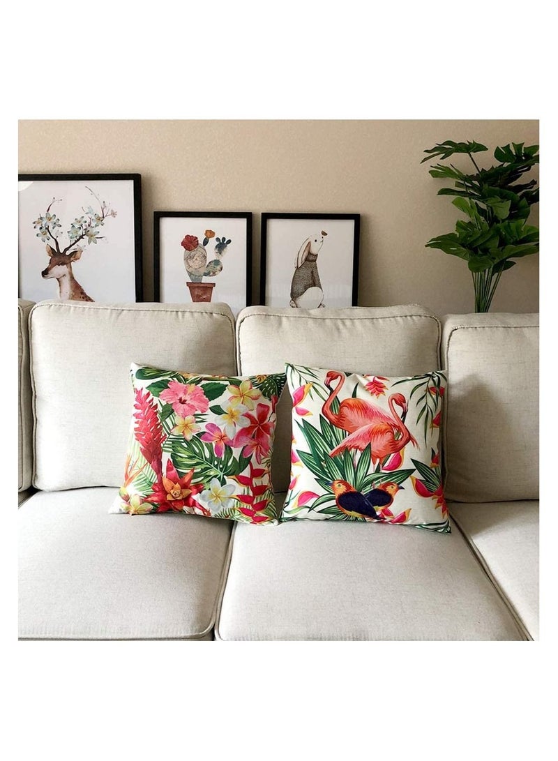 Throw Pillow Covers Tropical Cushion Leaves & Flowers with Parrot Flamingo Bird Pattern Home Decorative for Outdoor Patio Garden Living Room Sofa 18”×18” Pillowcase 4 Pcs