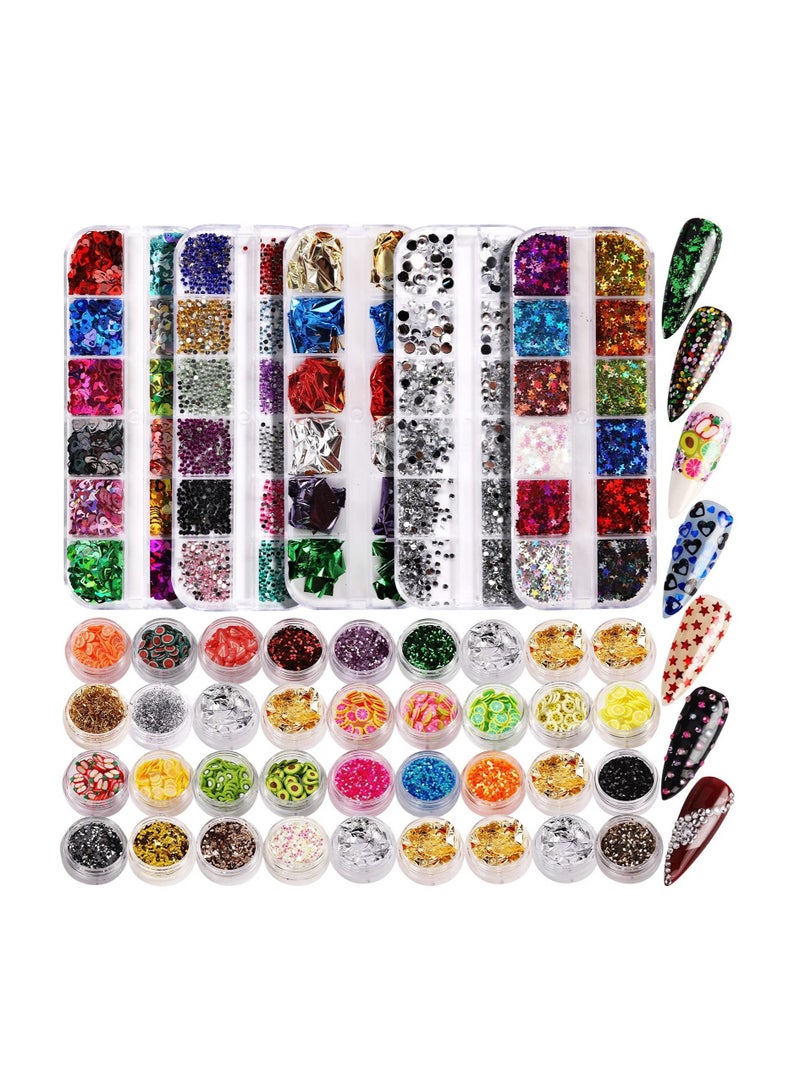 Nail Art Decoration Kit 12 Colors of Rhinestones Fruit Slices Chunky Glitter Sequins Laser Star Holographic Sparky Mixed Heart Decorations
