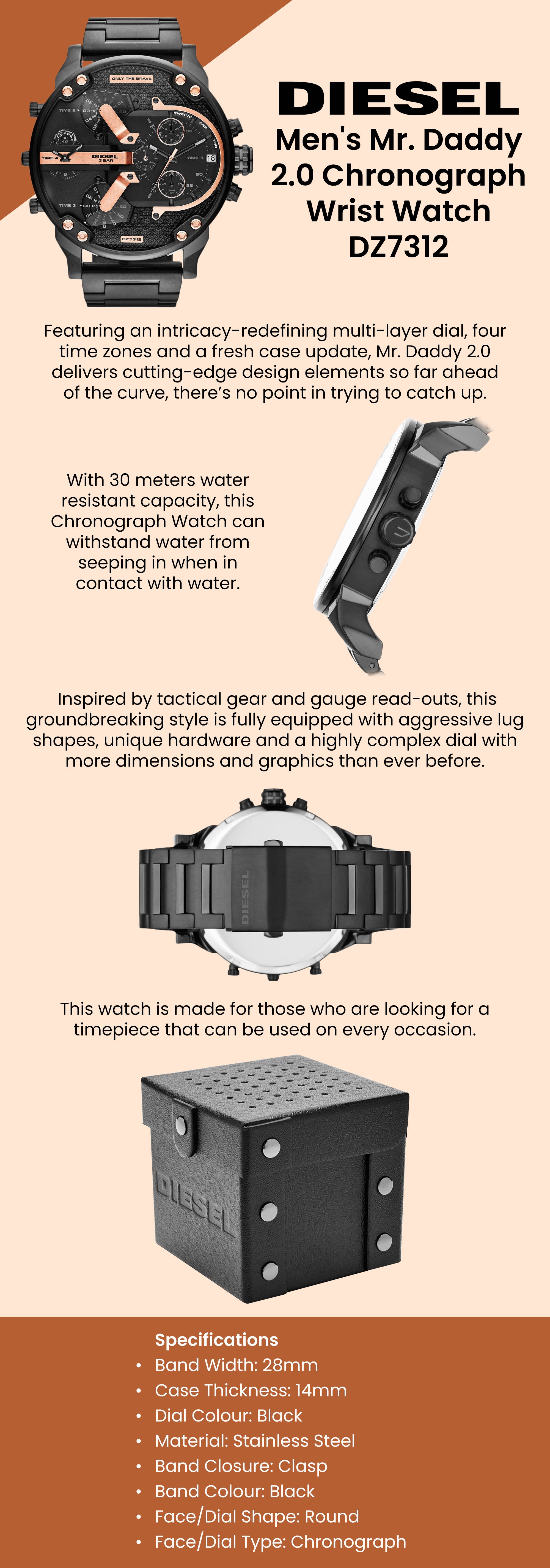 Men's Mr. Daddy 2.0 Round Shape Stainless Steel Chronograph Wrist Watch 66 mm - Black - DZ7312