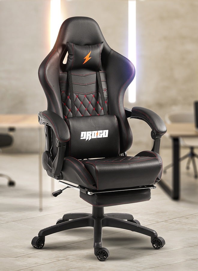 Drogo Ergonomic Gaming Chair with 7 Way adjustable Seat PU Leather Material Desk Chair Head & USB Massager Lumbar Pillow Video Games Chair Home  Office Chair with Full Reclining Back Footrest Black