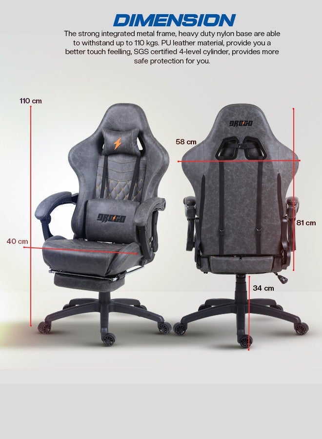 Drogo Ergonomic Gaming Chair with 7 Way adjustable Seat PU Leather Material Desk Chair Head & USB Massager Lumbar Pillow Video Games Chair Home  Office Chair with Full Reclining Back Footrest Grey