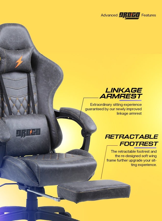 Drogo Ergonomic Gaming Chair with 7 Way adjustable Seat PU Leather Material Desk Chair Head & USB Massager Lumbar Pillow Video Games Chair Home  Office Chair with Full Reclining Back Footrest Grey