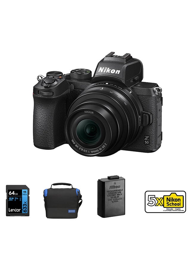 Nikon Z50 Mirrorless Camera With 16-50mm Bundle With Accessories Kit + EN-EL25 Battery + Case + 64GB Card +5 X Nikon School