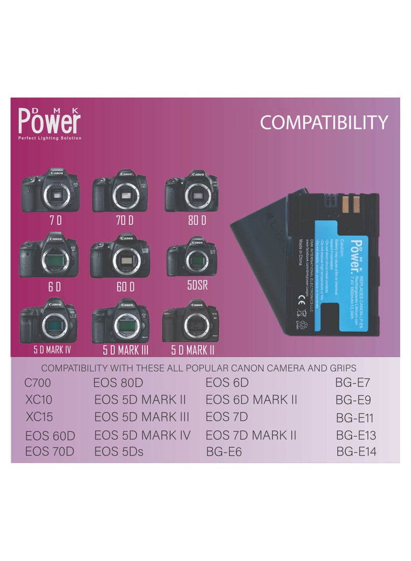 DMK POWER LP-E6 LP-E6N 2300mAh Camera Battery Compatible with Canon EOS 5D Mark II Mark III Mark IV 5DS 5DS R 6D 60D 60Da 6D Mark II 7D 7D Mark II 70D 80D R XC10 XC16