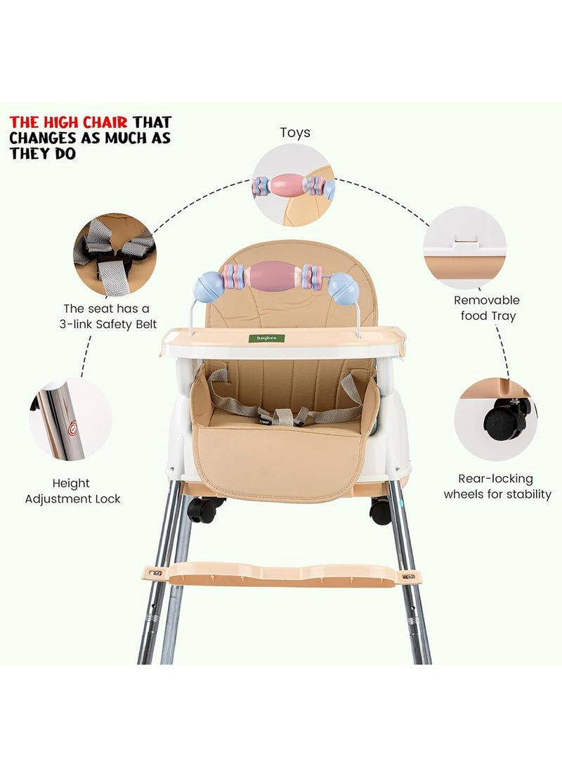 4-In-1 Nora Convertible High Chair For Kids With Adjustable Height And Footrest, Toddler Feeding Booster Seat And Tray Safety Belt - Beige