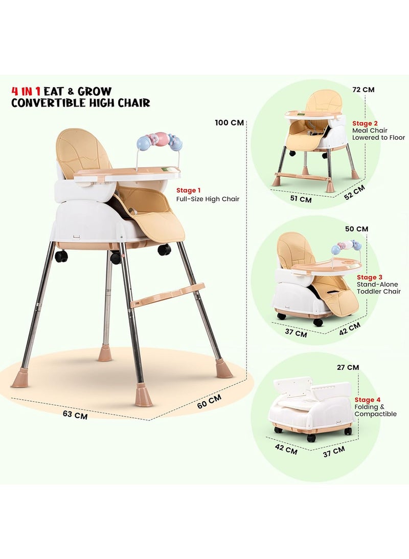 4-In-1 Nora Convertible High Chair For Kids With Adjustable Height And Footrest, Toddler Feeding Booster Seat And Tray Safety Belt - Beige