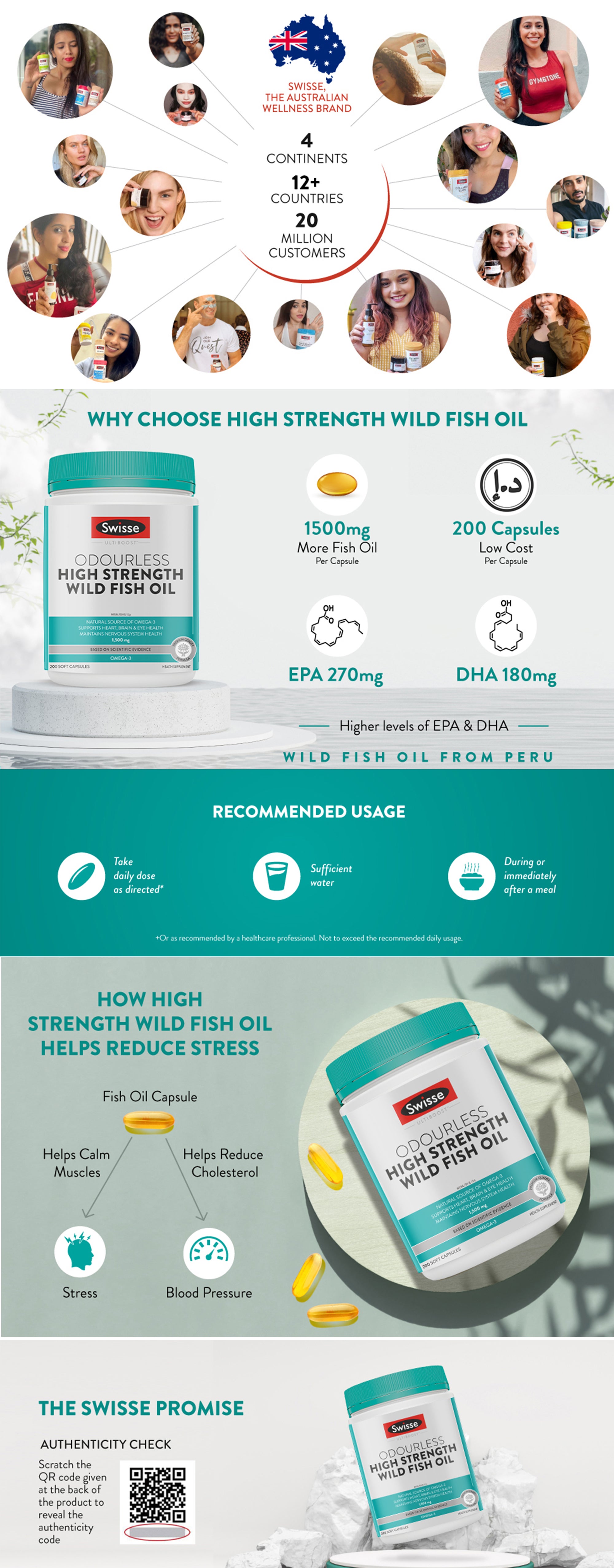 Ultiboost Odourless High Strenght Wild Fish Oil Natural Source of OMEGA-3 Supports Heart, Brain And Eye Health, And Maintains Nervous System Health 1500 mg - 200 Soft Capsules