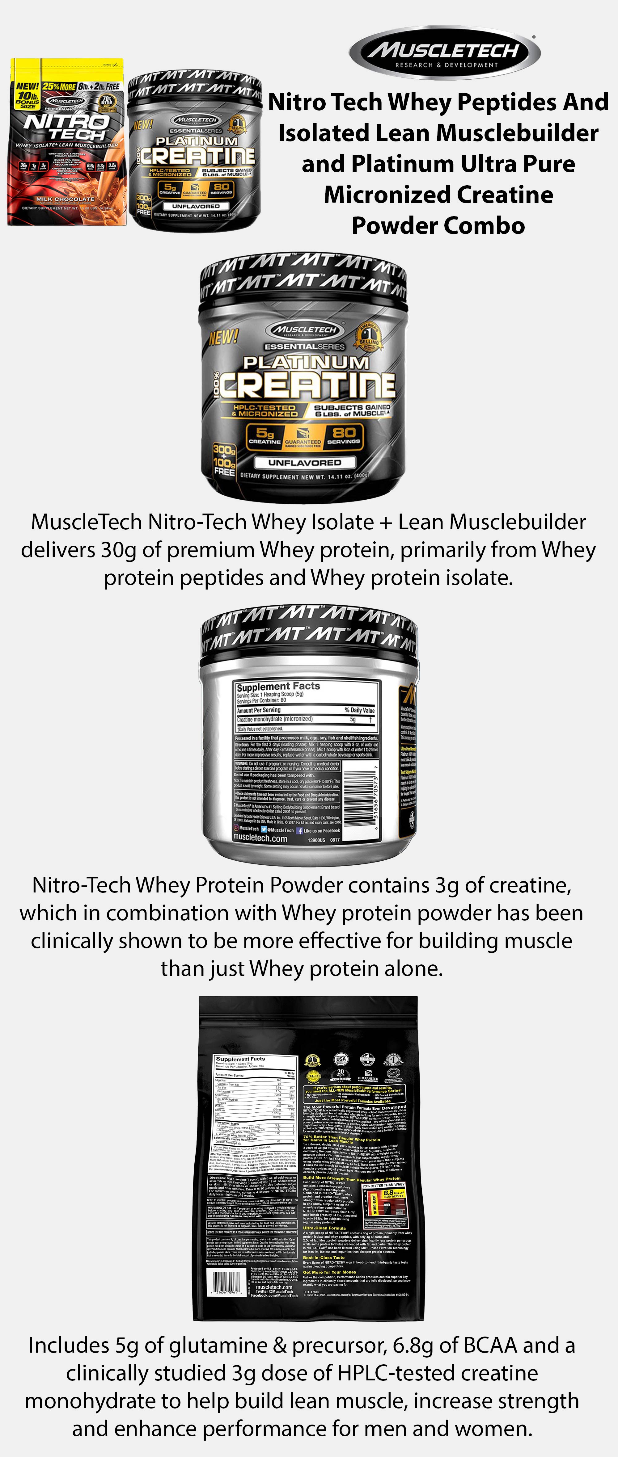 Nitro TechWhey Peptides And Isolated Lean Musclebuilder and Platinum Ultra Pure Micronized Creatine Powder Combo