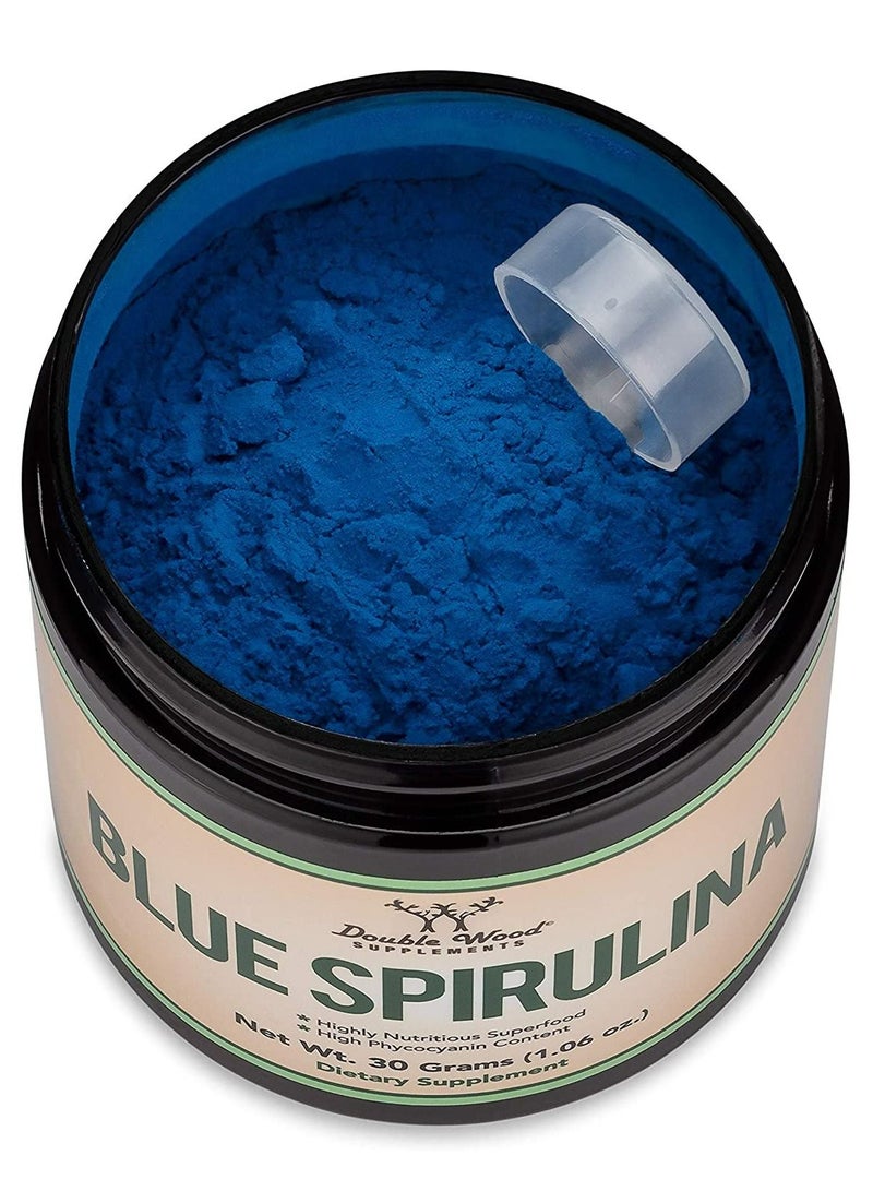 Blue Spirulina Powder - Maximum 35% Phycocyanin Content, Superfood Powder from Blue-Green Algae, Mixes into Smoothies and Protein Drinks, Natural Food Coloring (One Month Supply) by Double Wood