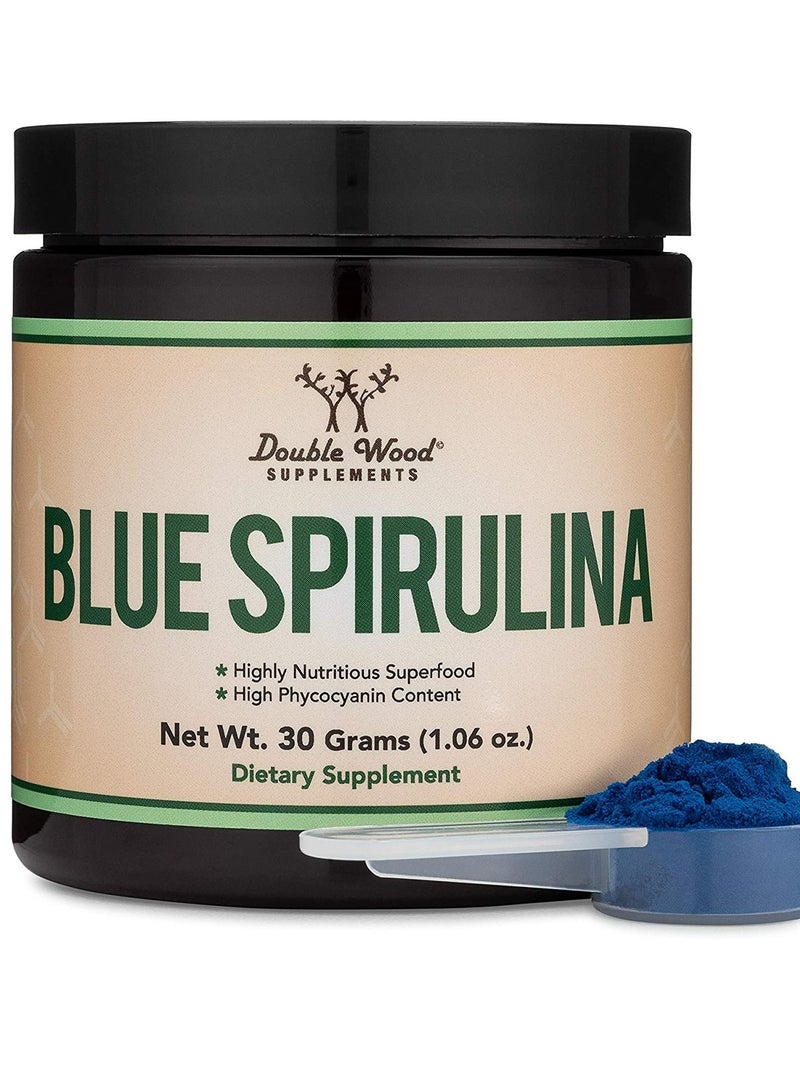 Blue Spirulina Powder - Maximum 35% Phycocyanin Content, Superfood Powder from Blue-Green Algae, Mixes into Smoothies and Protein Drinks, Natural Food Coloring (One Month Supply) by Double Wood