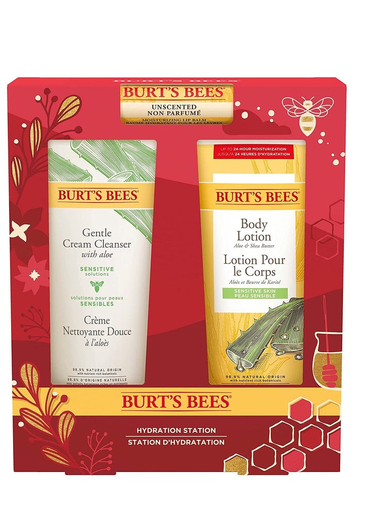 Holiday Gift, 3 Body Care Stocking Stuffer Products, Hydration Station Set - Unscented Lip Balm, Gentle Cream Cleanser & Aloe Shea Butter Body Lotion