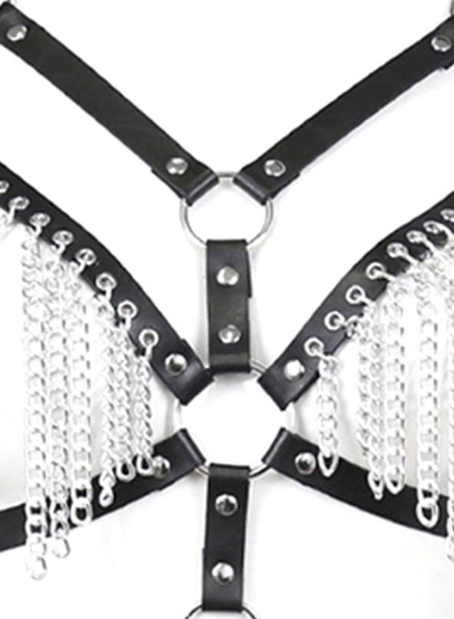 Faux Leather Chest Harness Chain Belt Black/Silver