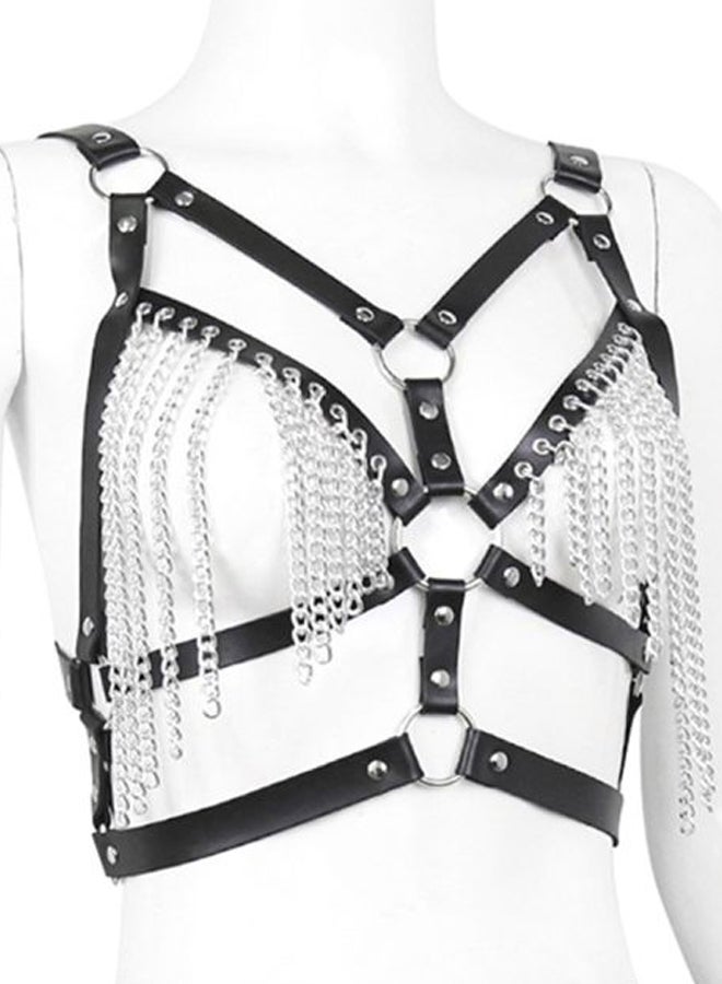 Faux Leather Chest Harness Chain Belt Black/Silver