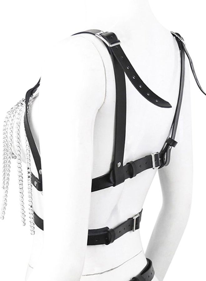 Faux Leather Chest Harness Chain Belt Black/Silver