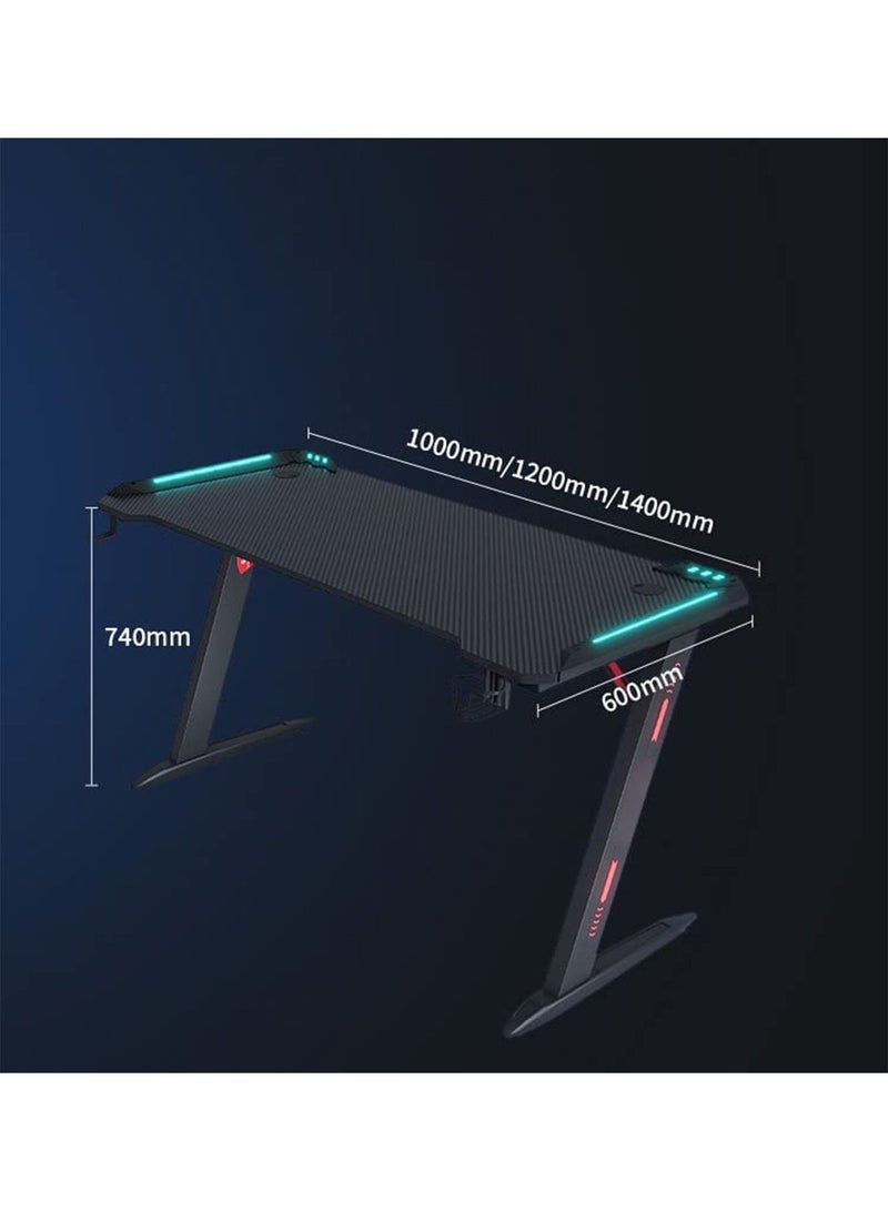 Ergonomic Gaming Desk with RGB LED Lights Computer Gamer Table with Carbon Fiber Desktop and Cup Holder & Headphone Hook