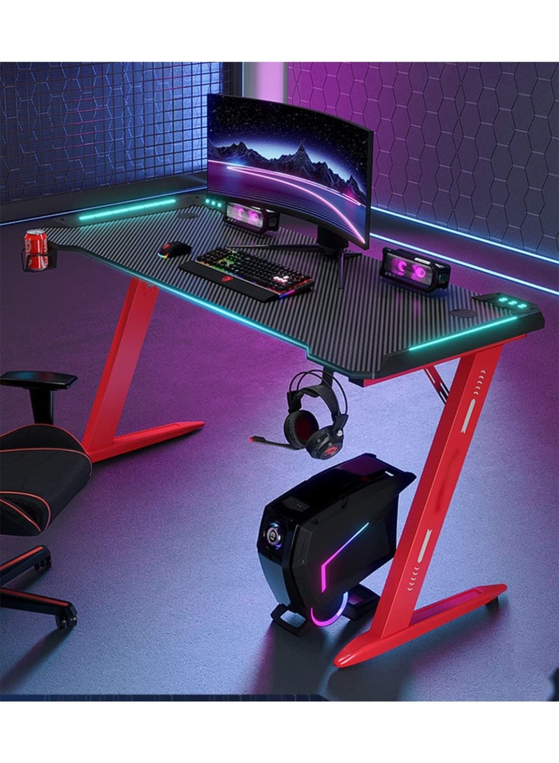 Ergonomic Gaming Desk with RGB LED Lights Computer Gamer Table with Carbon Fiber Desktop and Cup Holder & Headphone Hook