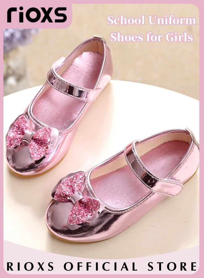 Girls Princess Leather Shoes Mary Jane Dance Flats Low Heel School Uniform Shoes With Bowknot