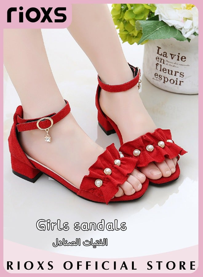 Little Kids Girls Fashion Non-Slip Soft Sole Floral Sandals Princess Adjustable Shoes Lightweight Breathable Ankle Strap Sandals, Red Suede Princess Sandals with Pearl Accents, Floral Ruffle Ankle Strap Dress Shoes, Petite Girl's Ankle Strap Shoes, Playground Safe Non-Slip Footwear
