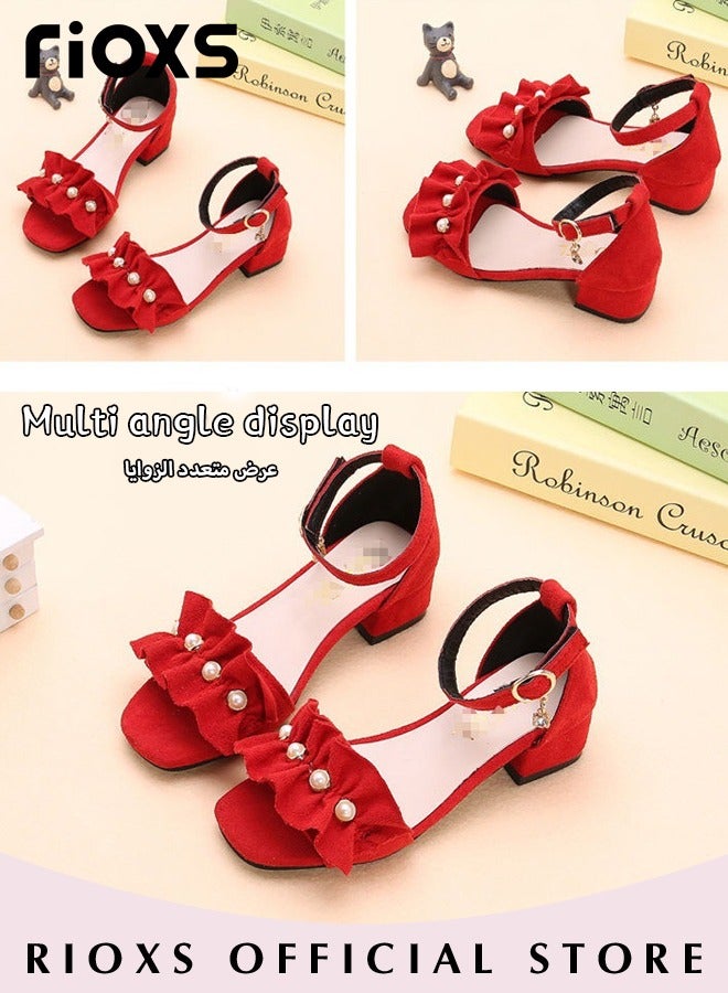 Little Kids Girls Fashion Non-Slip Soft Sole Floral Sandals Princess Adjustable Shoes Lightweight Breathable Ankle Strap Sandals, Red Suede Princess Sandals with Pearl Accents, Floral Ruffle Ankle Strap Dress Shoes, Petite Girl's Ankle Strap Shoes, Playground Safe Non-Slip Footwear