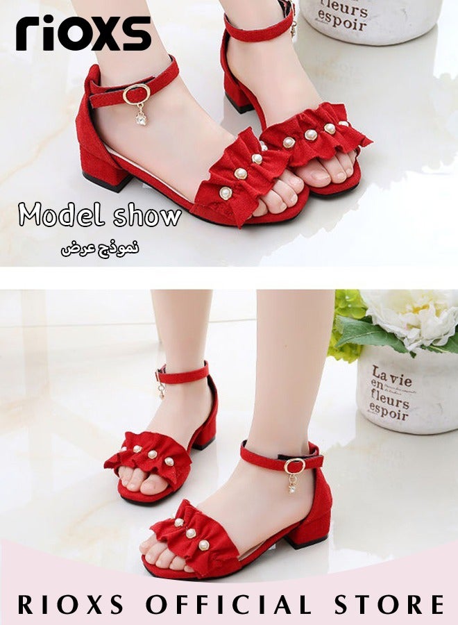 Little Kids Girls Fashion Non-Slip Soft Sole Floral Sandals Princess Adjustable Shoes Lightweight Breathable Ankle Strap Sandals, Red Suede Princess Sandals with Pearl Accents, Floral Ruffle Ankle Strap Dress Shoes, Petite Girl's Ankle Strap Shoes, Playground Safe Non-Slip Footwear